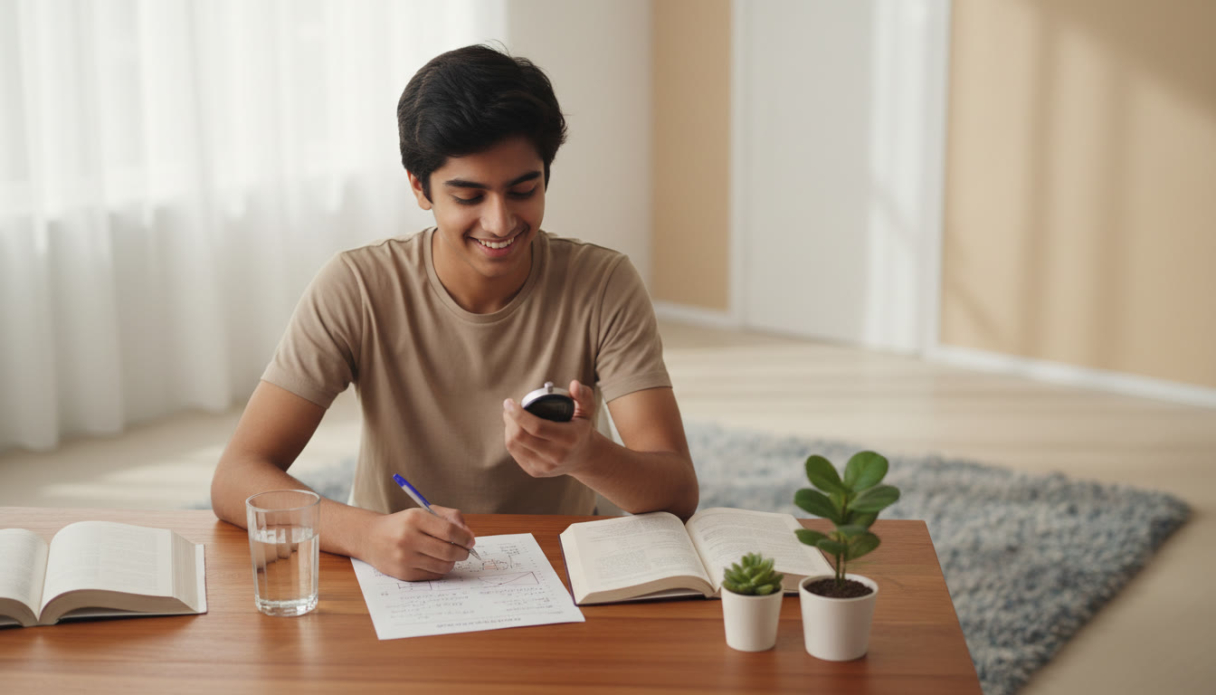 Photo Idea : Student at a study desk checking a stopwatch while scanning a problem sheet