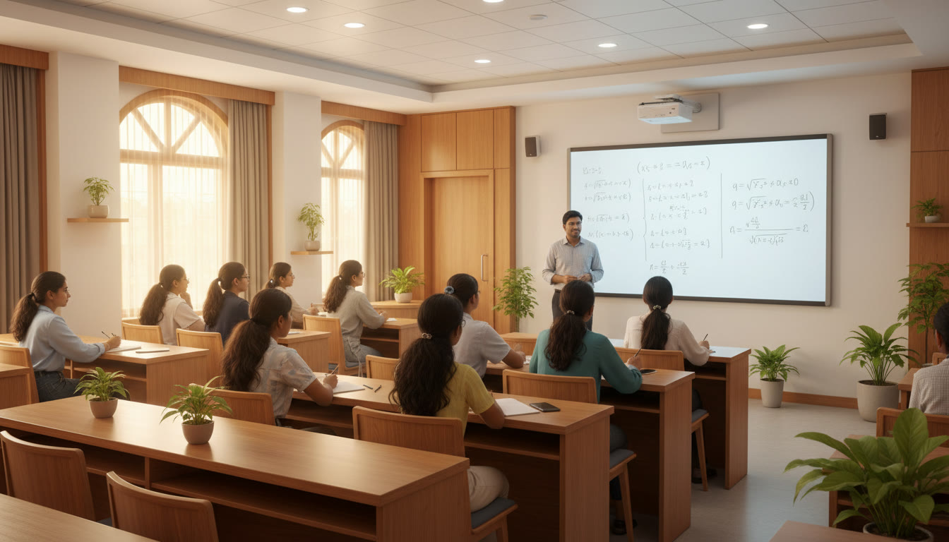 Photo Idea : Students in a lecture hall attentively listening to a professor with a whiteboard full of equations