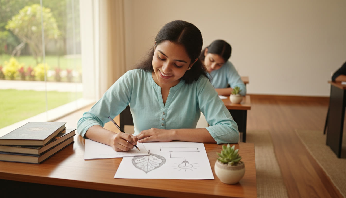 Photo Idea : Student writing neatly in an exam hall with a tidy answer script and labeled diagrams