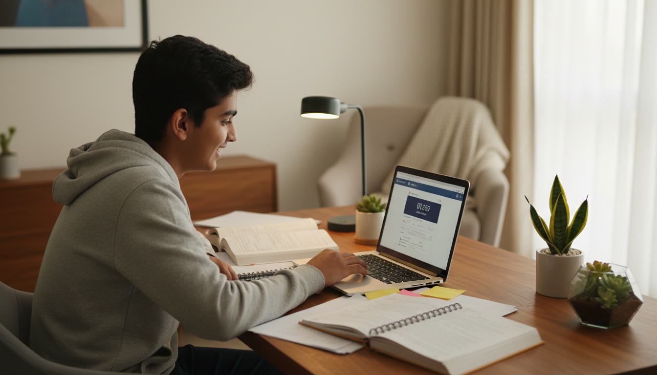 Photo Idea : Student focused at desk taking a timed mock on a laptop with textbooks and notes around