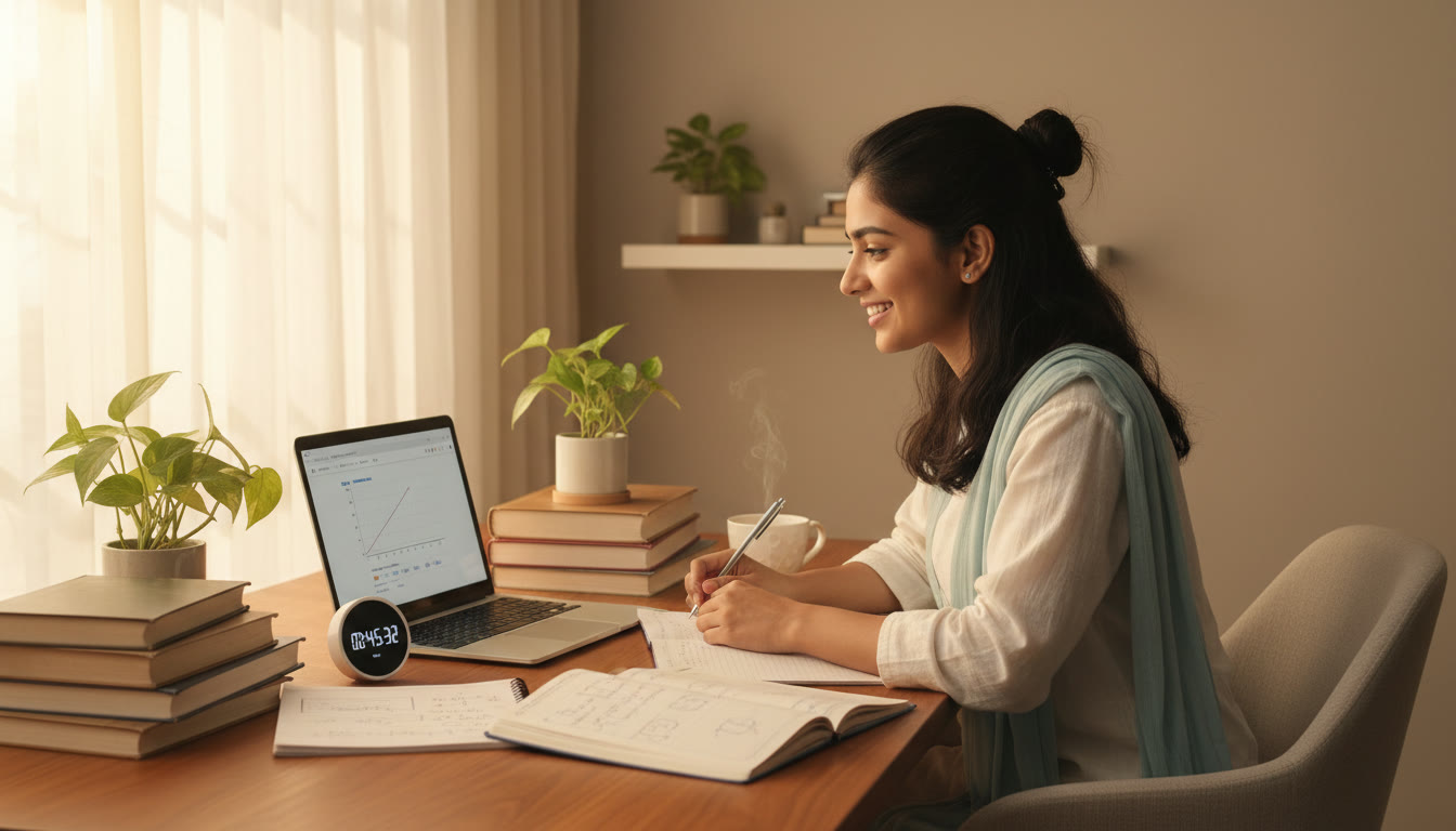 Photo Idea : a focused student at a desk with textbooks, notes, laptop, and a timer visible