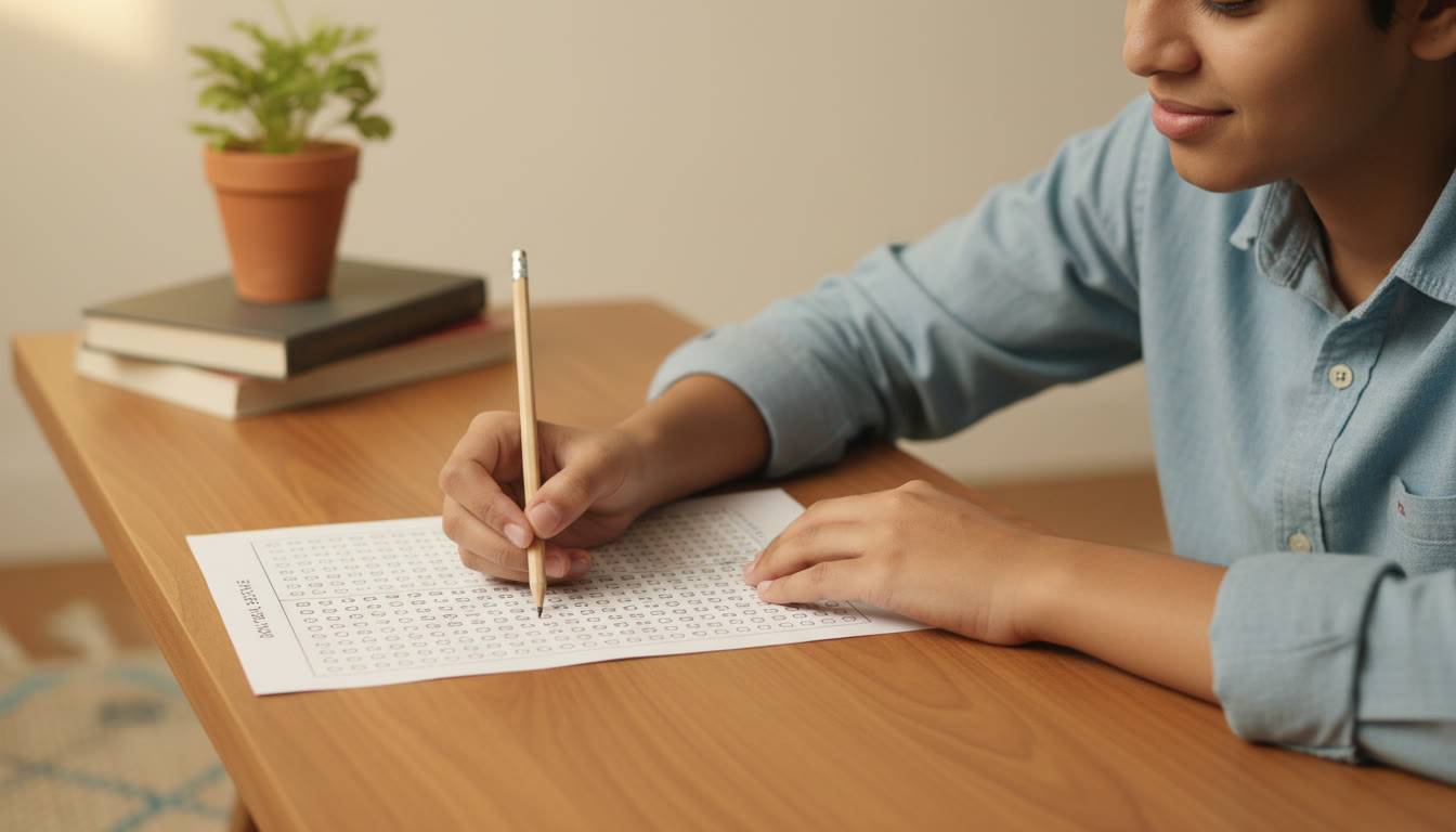 Photo Idea : Close-up of a student calmly filling an OMR sheet with a pencil under warm exam-hall lighting