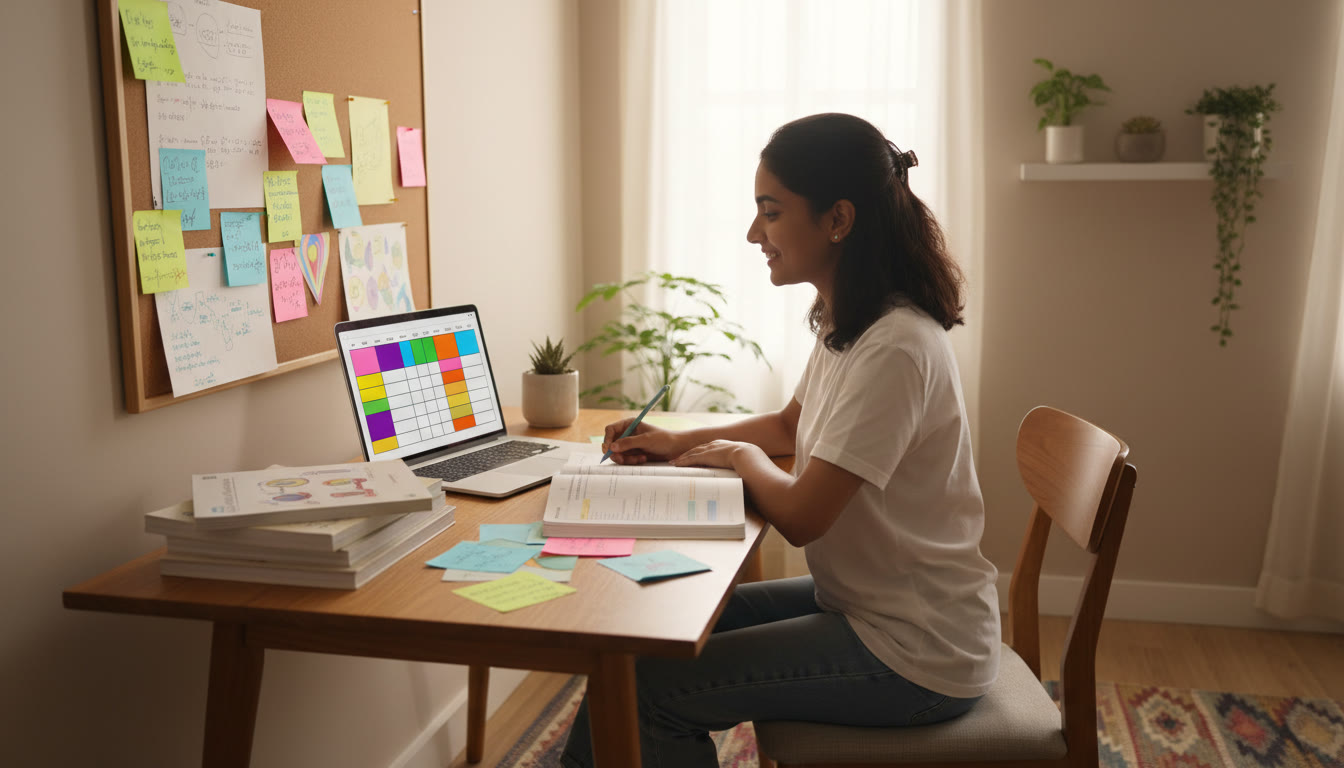 Photo Idea : a focused student at a tidy desk with colorful notes, textbooks, and a laptop open to a study schedule