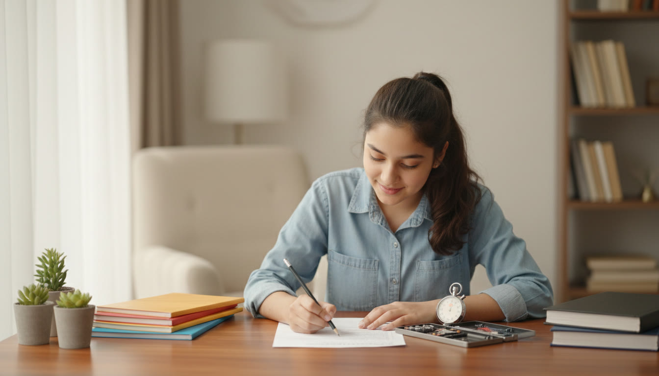 Photo Idea : Student calmly scanning a printed sample paper with a pencil and a stopwatch nearby