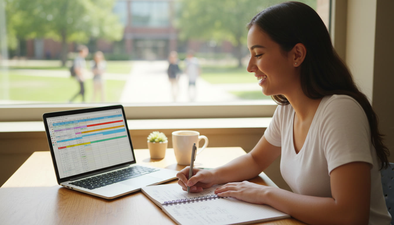Photo Idea : A student writing reflective notes beside a laptop showing a structured log