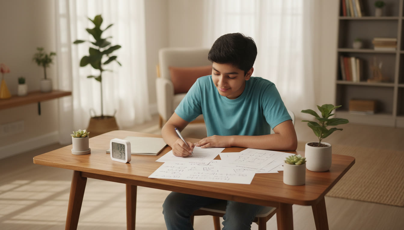 Photo Idea : A focused student at a desk tackling a printed sample paper with a timer and neat notes around