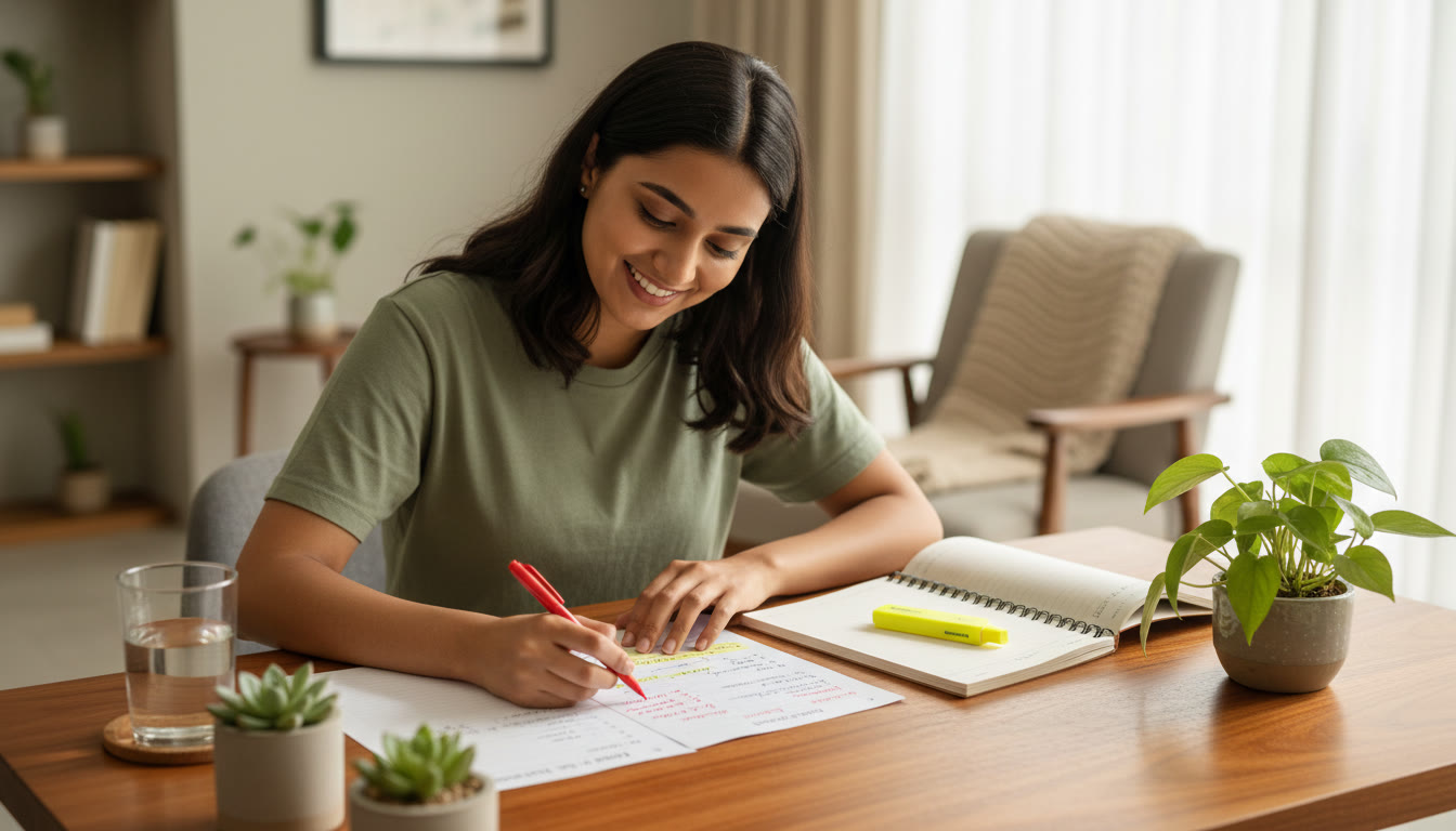 Photo Idea : Student reviewing a mock test with neat correction notes and highlighted key points