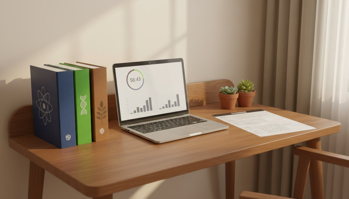 Photo Idea : Student at a tidy desk with Physics, Chemistry, and Biology books, a laptop showing a timed mock, and a blank OMR sheet.
