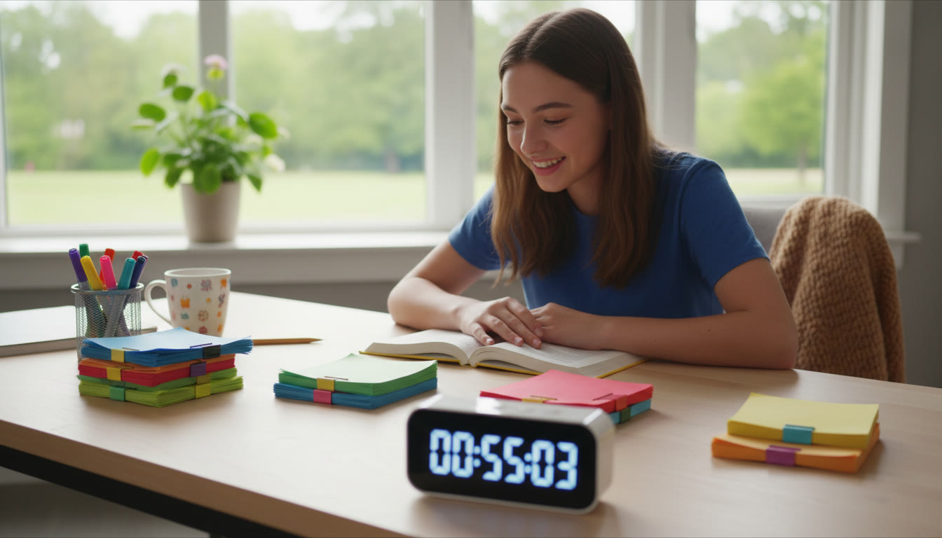 Photo Idea : A focused student at a tidy desk surrounded by color-coded notes and a timer