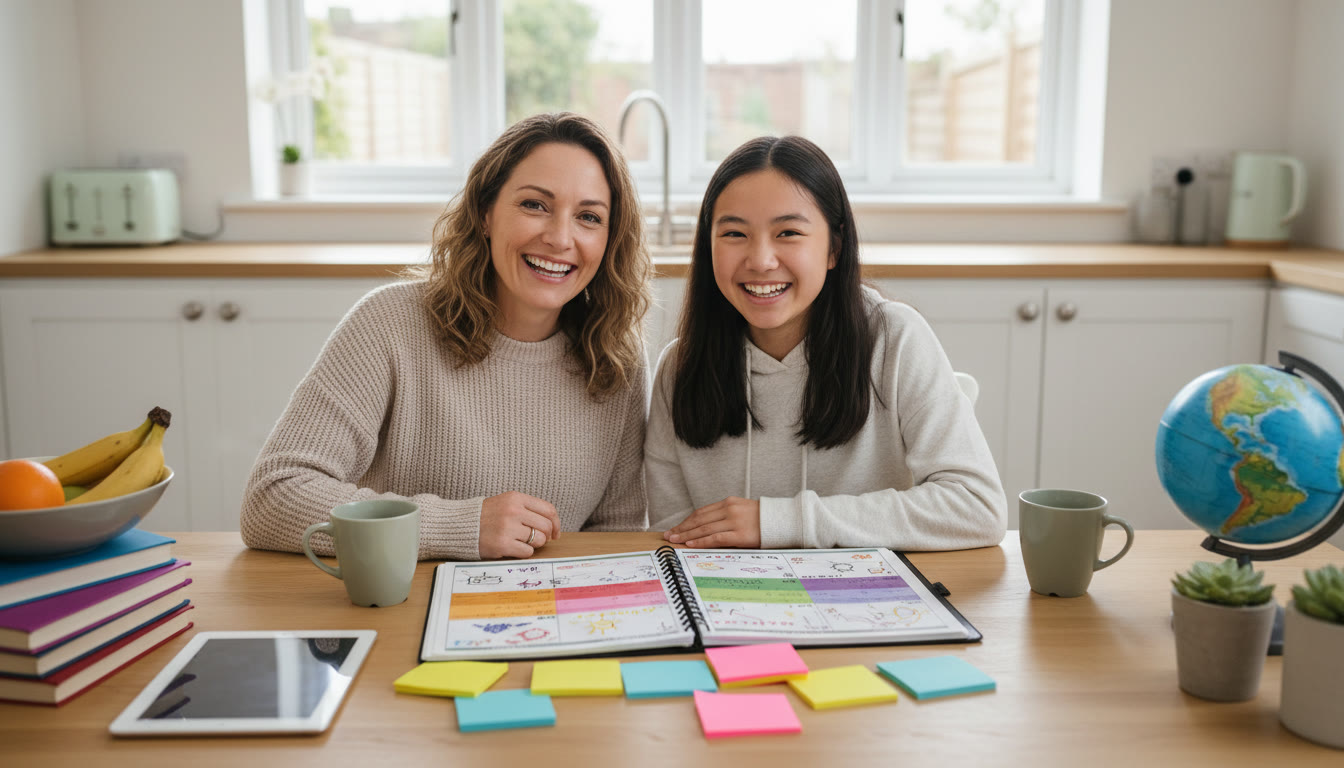 Photo Idea : A parent and teen sitting together at a kitchen table with a colorful planner and sticky notes