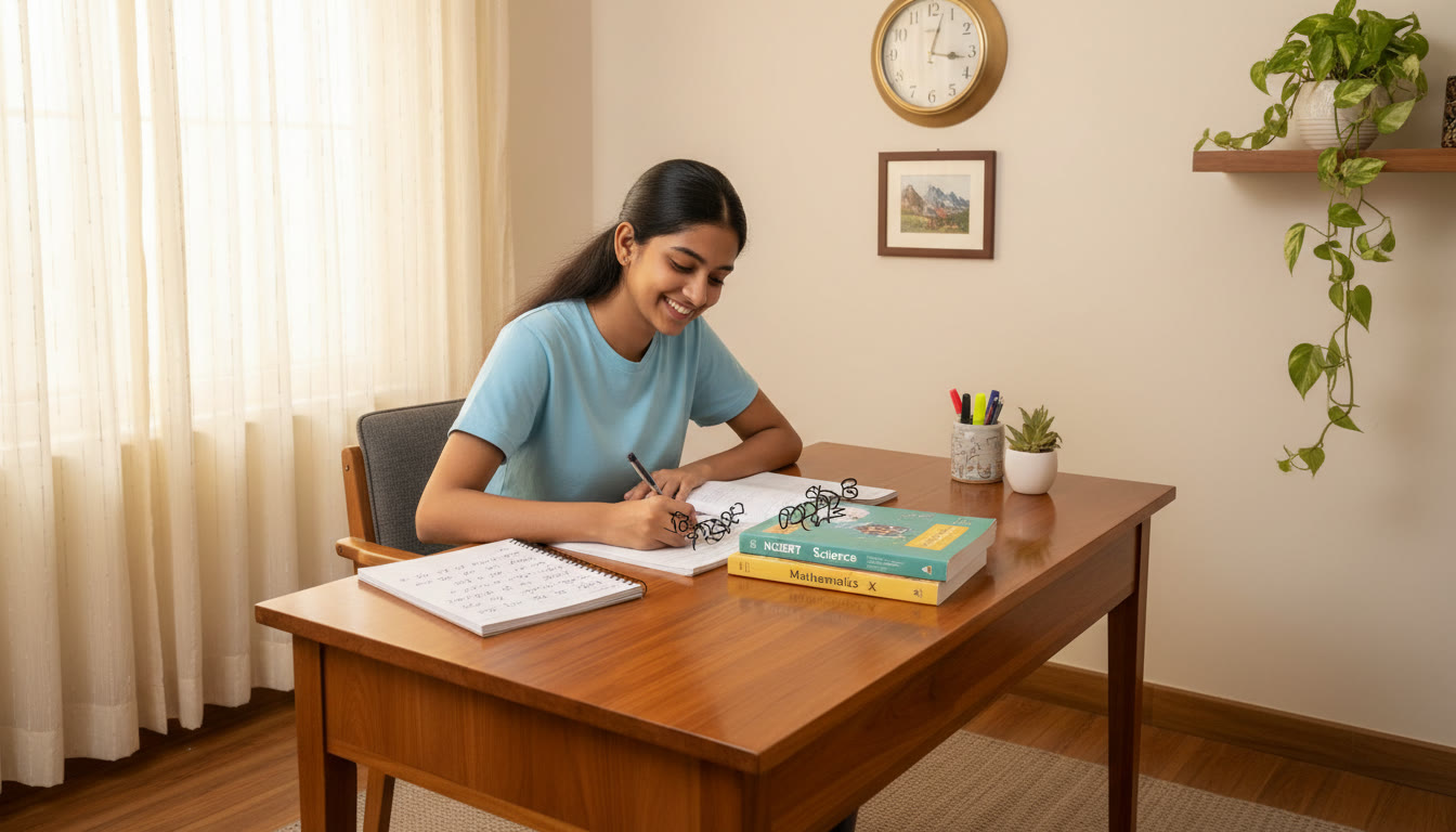 Photo Idea : Student studying at a wooden desk with textbooks, neatly written notes, and a visible wall clock