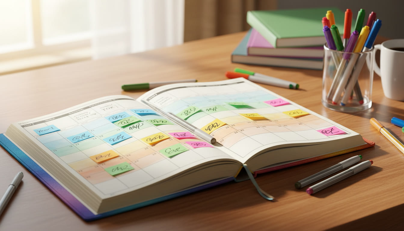 Photo Idea : A color-coded planner open to a two-year spread with sticky notes and pens