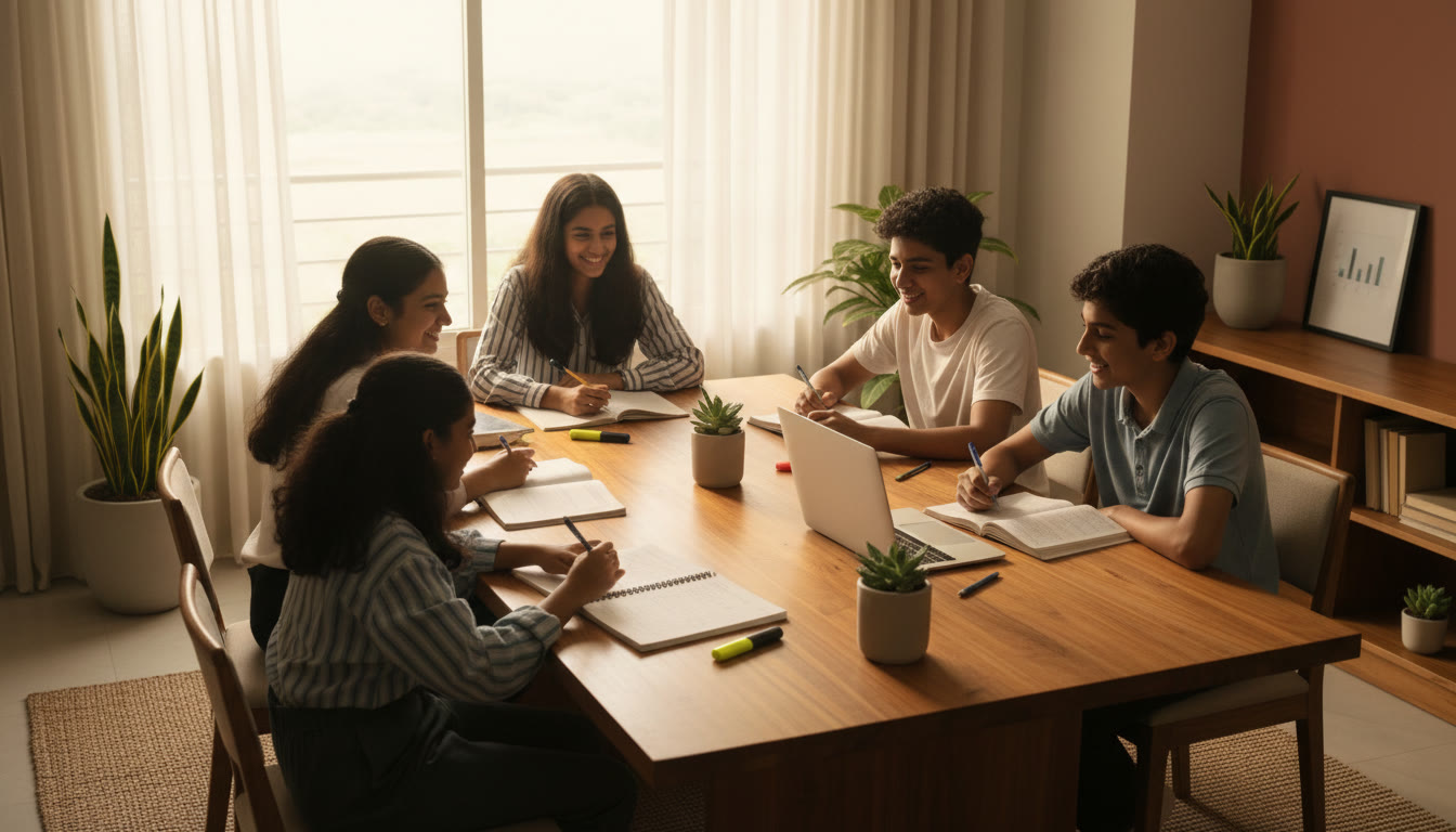 Photo Idea : a group of secondary school students studying around a table with textbooks, notebooks and a laptop