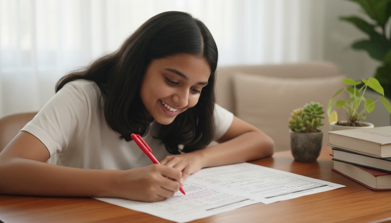 Photo Idea : Close-up of a student annotating a past-year question paper with a red pen
