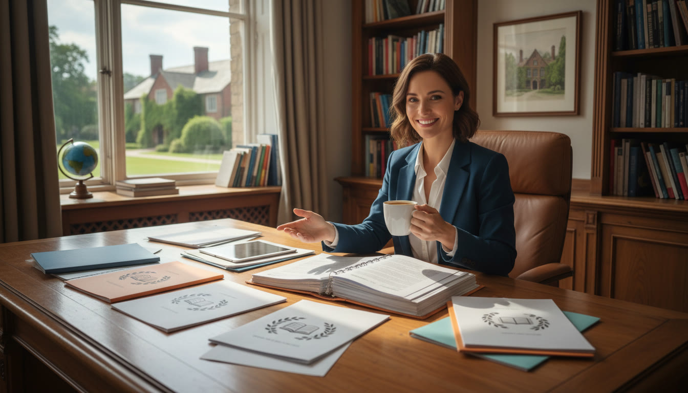 Photo Idea : A university admissions officer reviewing an application with a cup of coffee and IB documents