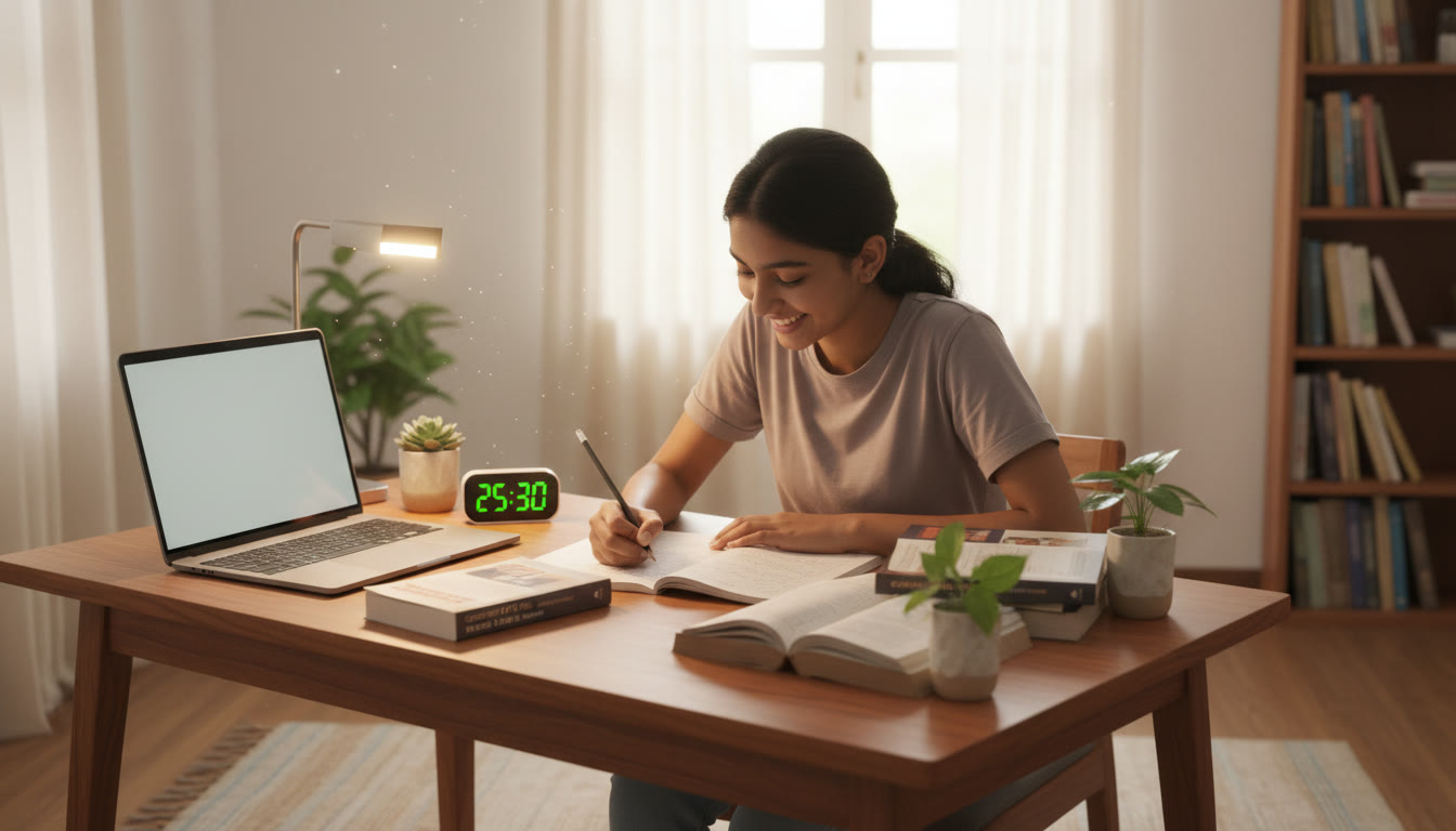 Photo Idea : A focused student solving physics problems at a desk with textbooks, a timer, and a laptop