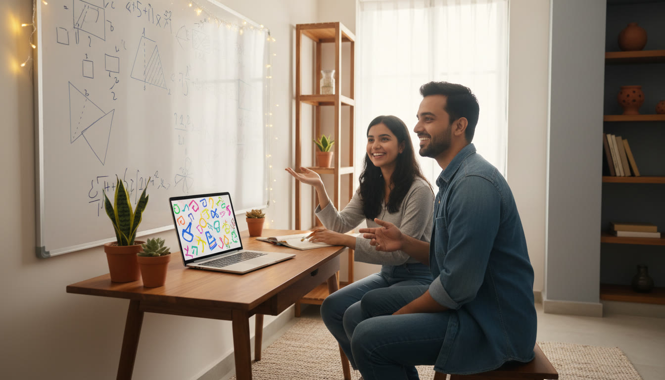 Photo Idea : Student and tutor working together over a problem on a whiteboard, with a laptop showing notes