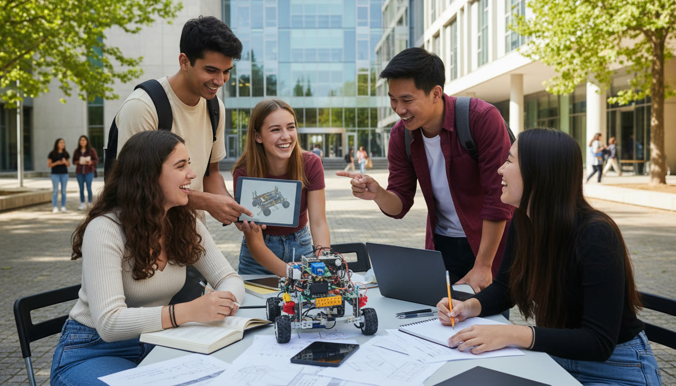 Photo Idea : A group of diverse IB students discussing an engineering prototype outside a modern university building, with laptops and notebooks