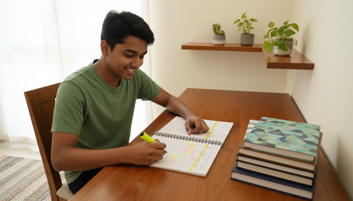 Photo Idea : A student reviewing notes with a single stack of recommended resources and a highlighted timetable