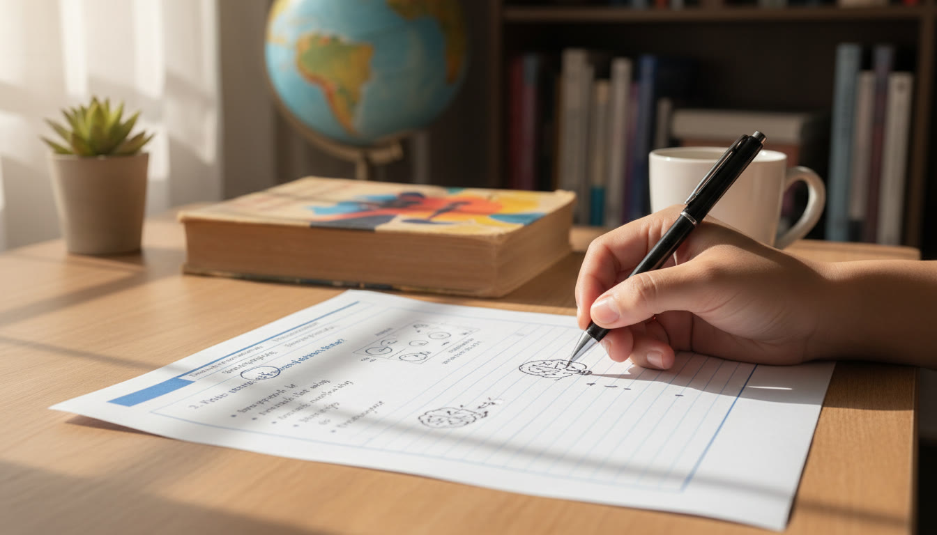 Photo Idea : A close-up of a hand annotating an exam question, circling a command term and writing a quick plan