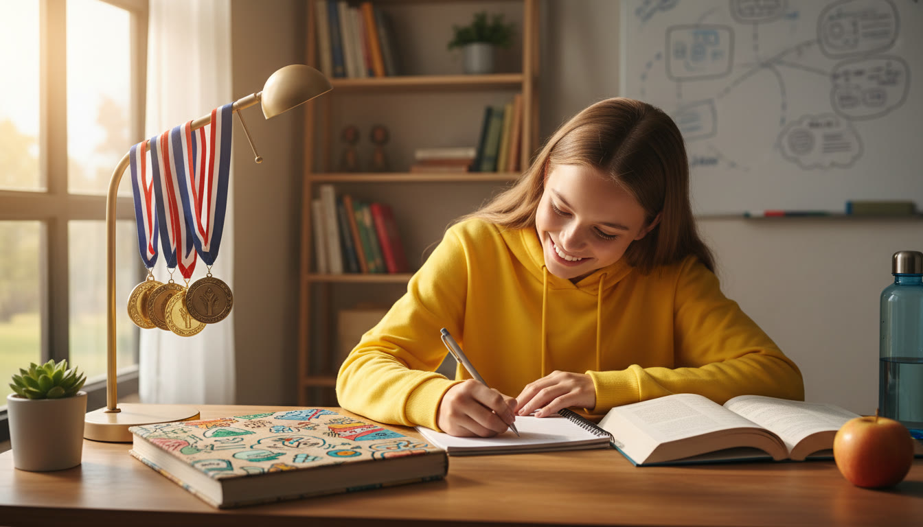 Photo Idea : A study desk with medals, a CAS journal, and a student writing notes