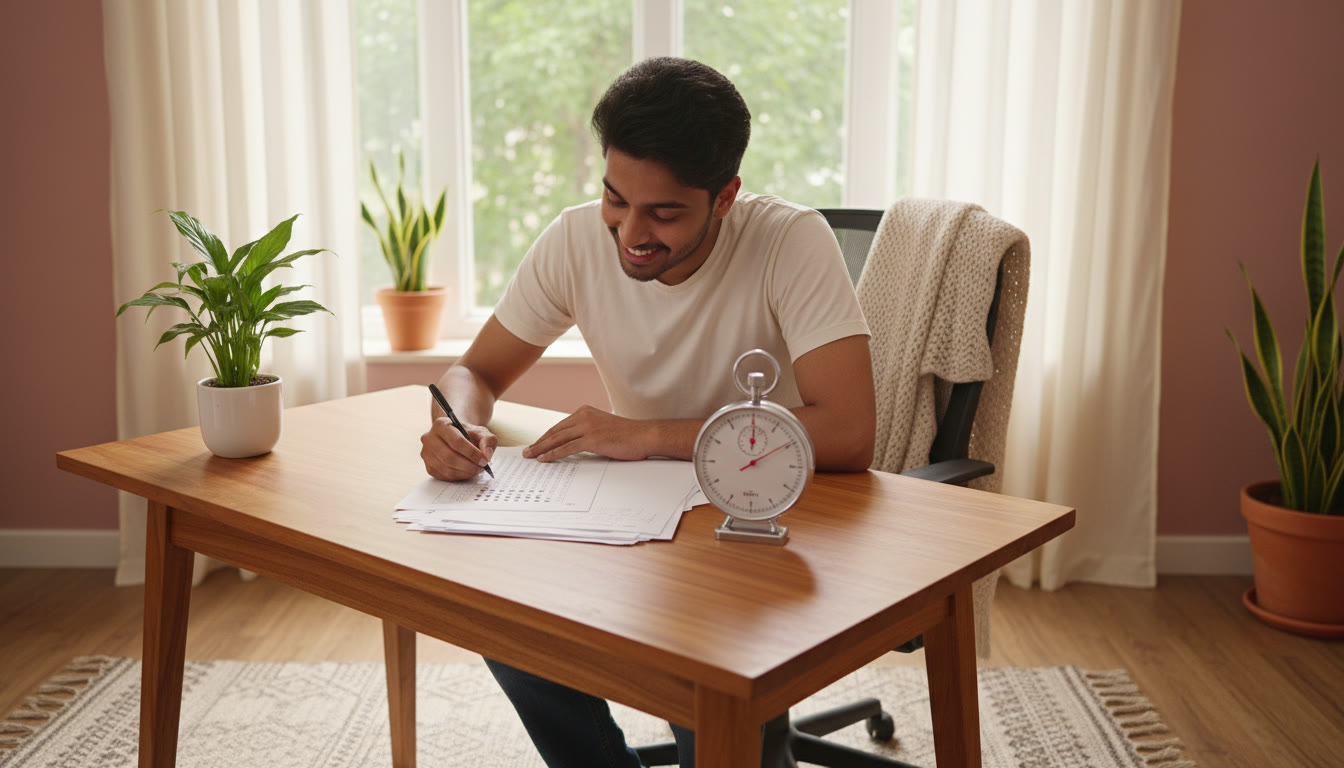 Photo Idea : Student taking a timed mock test with a stopwatch and OMR answer sheet visible