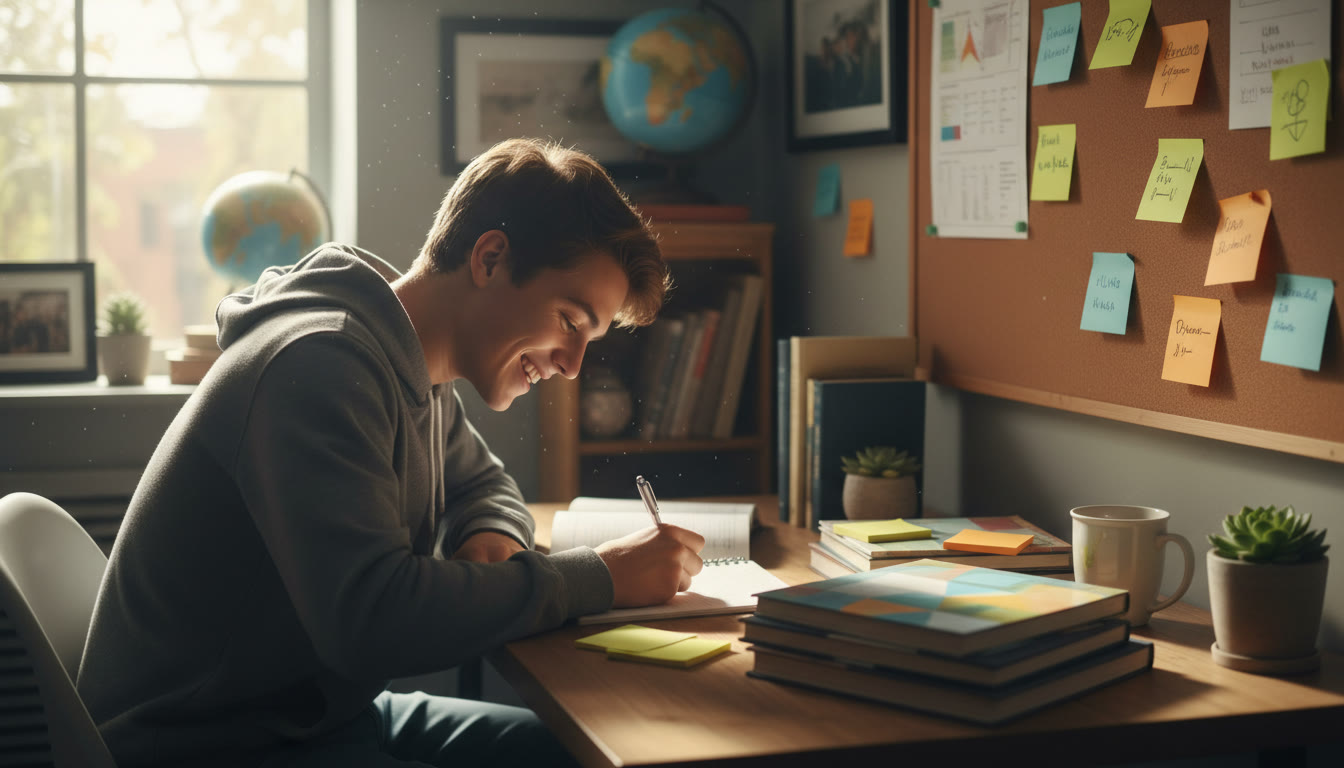 Photo Idea : A focused student at a desk writing a draft with IB textbooks and sticky notes nearby