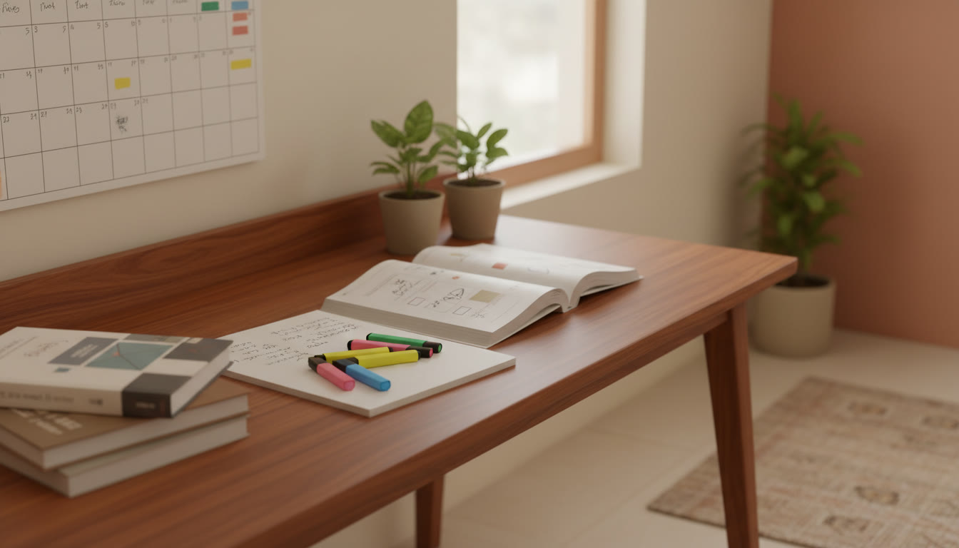 Photo Idea : Student’s desk with a neat wall planner, textbooks open, highlighters arranged by colour