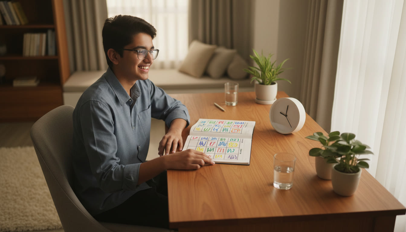 Photo Idea : Student at desk with clock and open notebook showing timetable