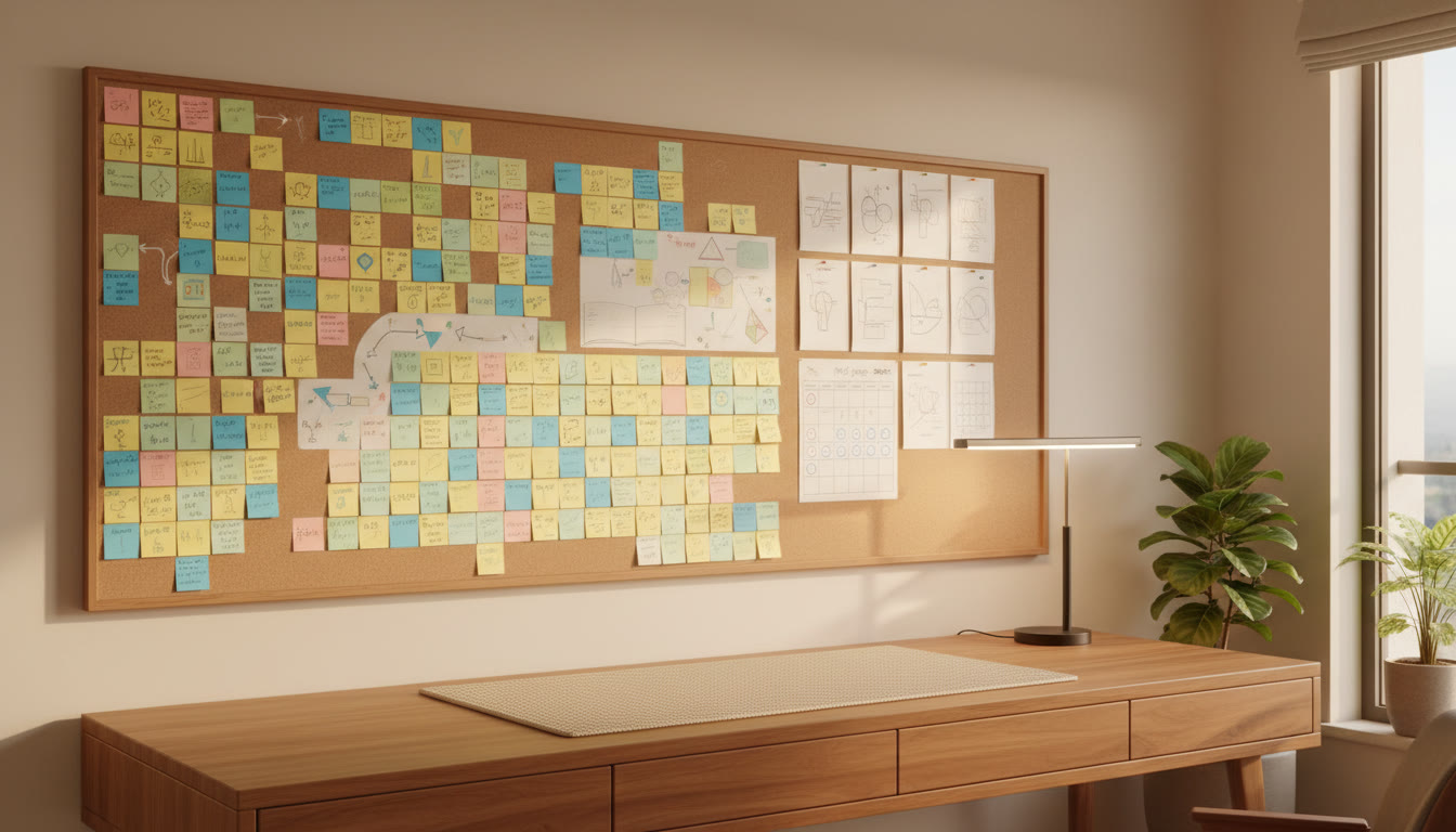 Photo Idea : A study wall with sticky notes mapping topics, past papers, and a calendar indicating mock days