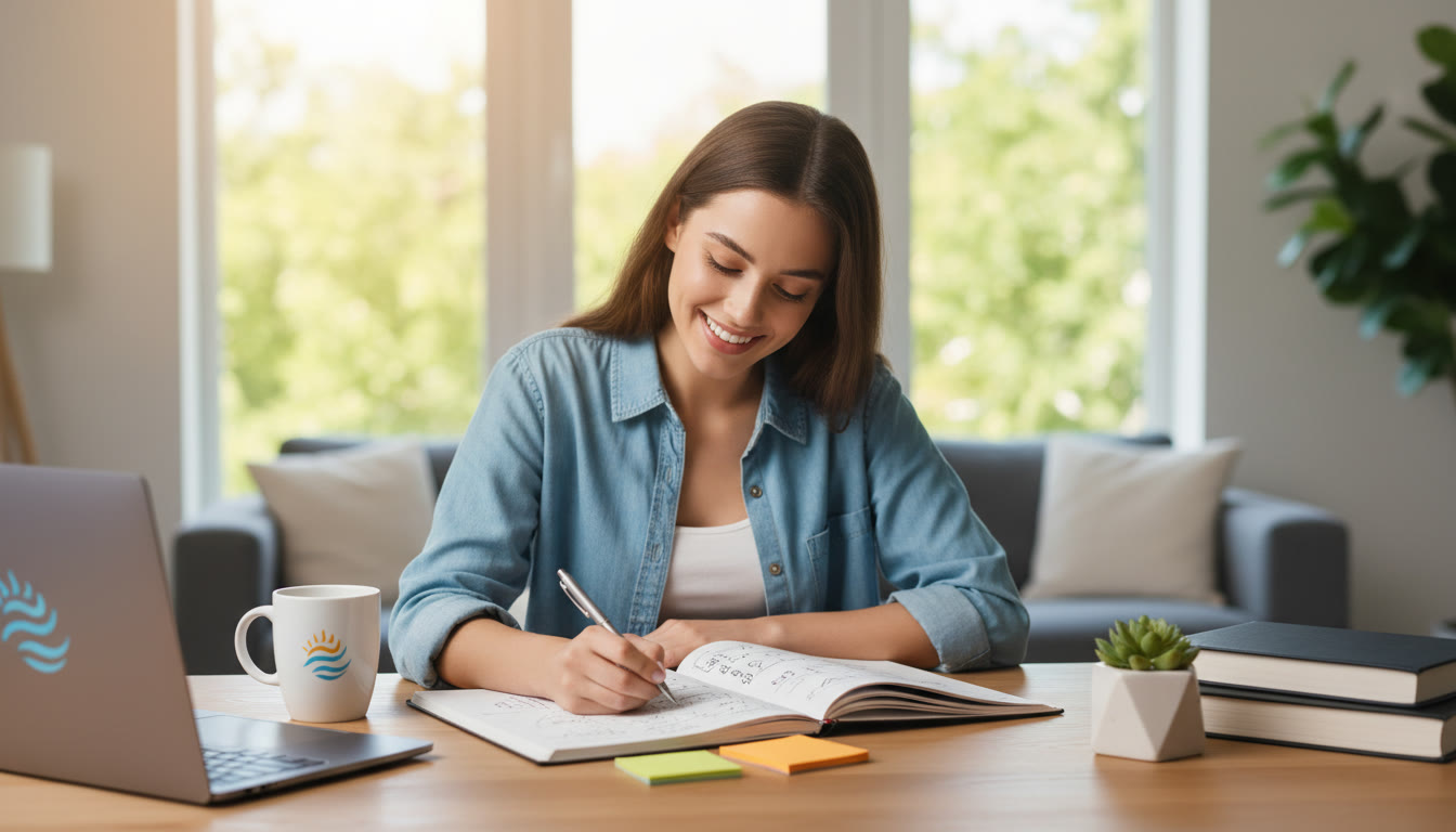 Photo Idea : student writing at a tidy desk with IB notes, a laptop, and a cup of coffee