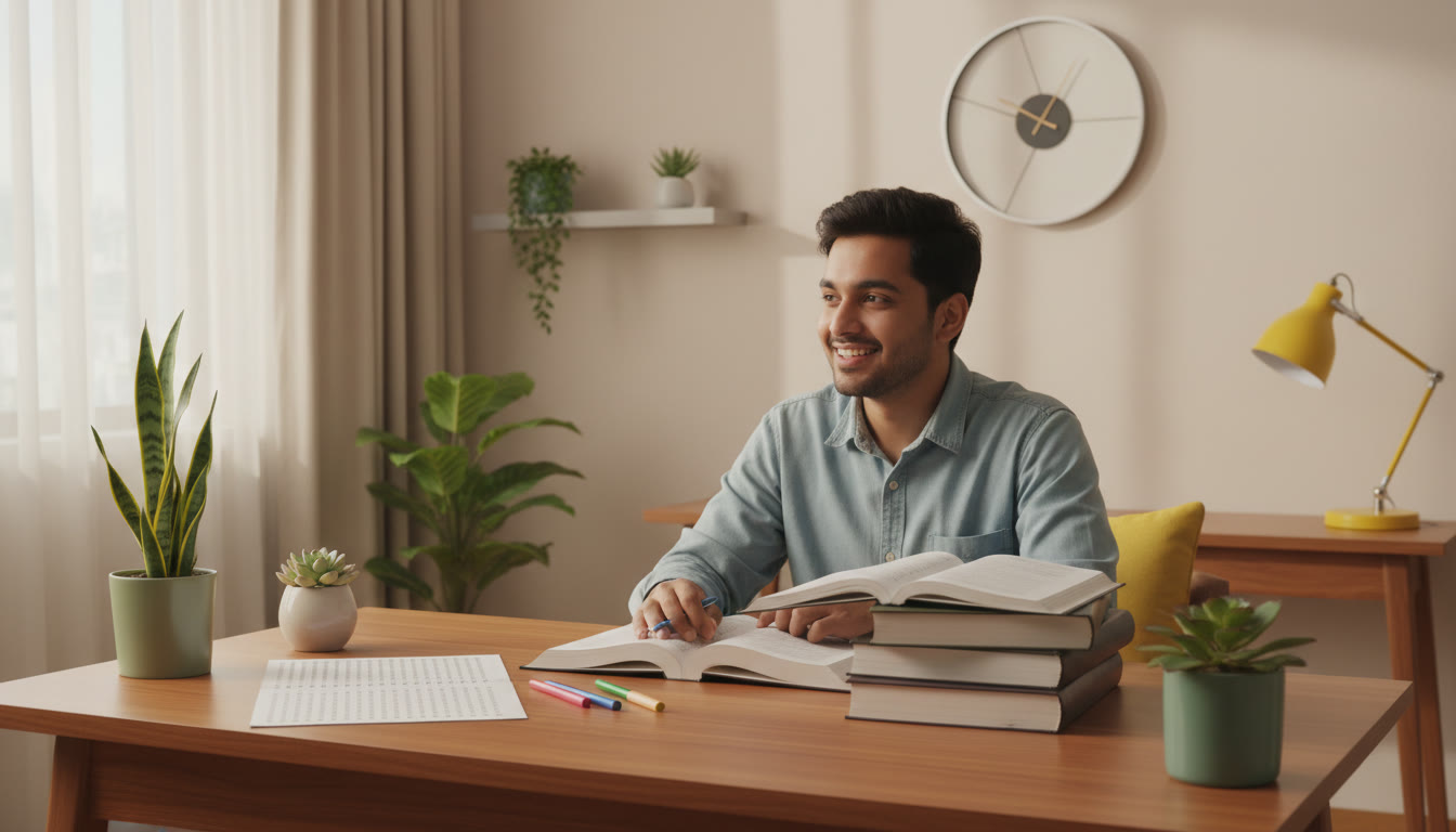 Photo Idea : Student at a desk with open NEET books, a mock OMR sheet, and a wall clock showing time