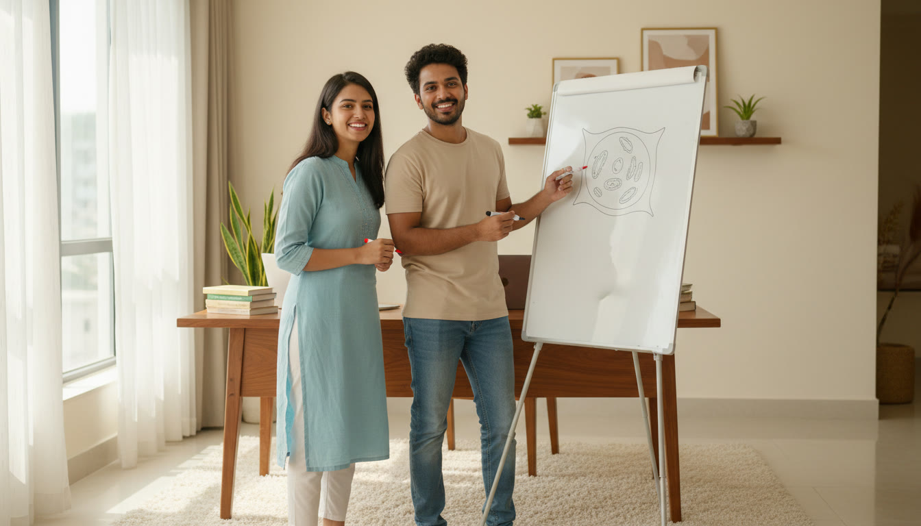 Photo Idea : A tutor and student solving a biology diagram at a whiteboard