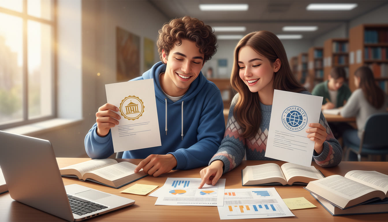 Photo Idea : Two students comparing scholarship offer letters and predicted grade reports at a study table