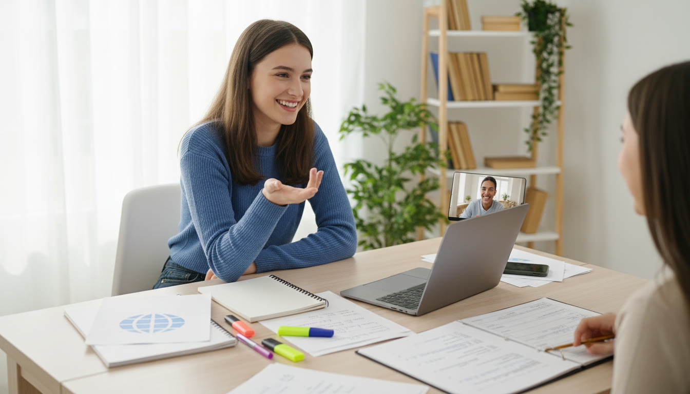 Photo Idea : an IB student practicing a mock interview at a desk with notes and a laptop