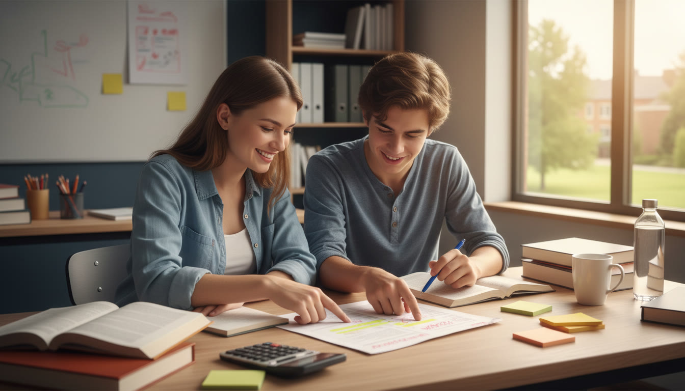 Photo Idea : teacher and student reviewing an annotated past paper together, pointing at a highlighted answer