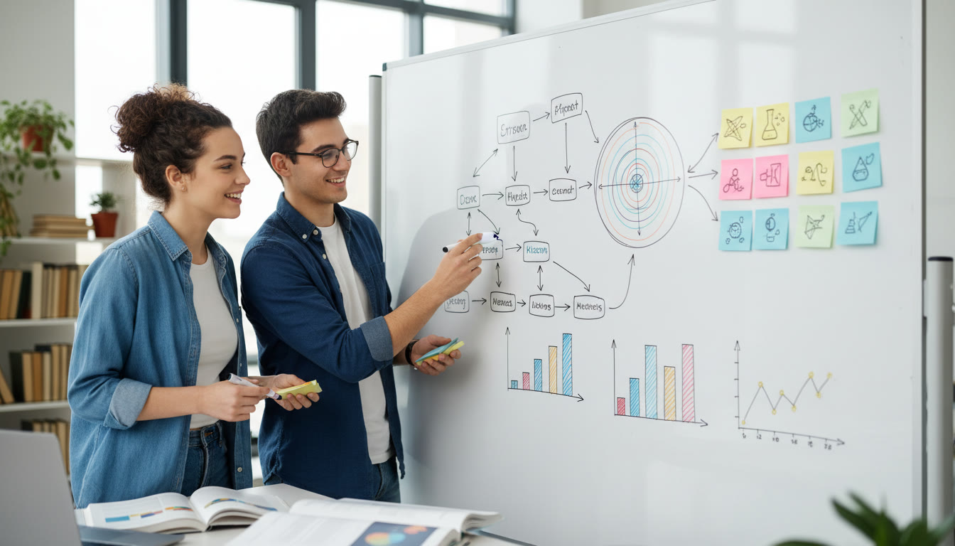 Photo Idea : two students collaborating at a whiteboard, planning an IA with charts and sticky notes