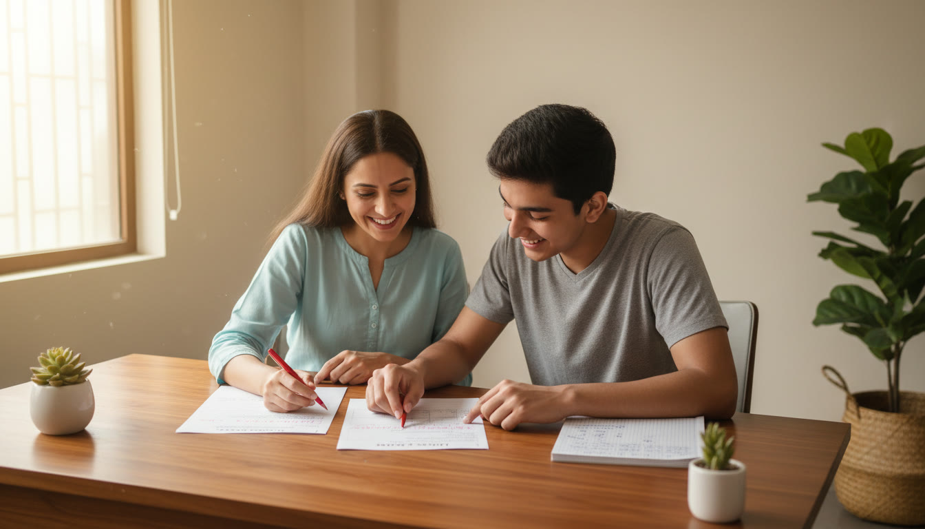 Photo Idea : A tutor and student at a desk reviewing a marked mock test with a correction checklist
