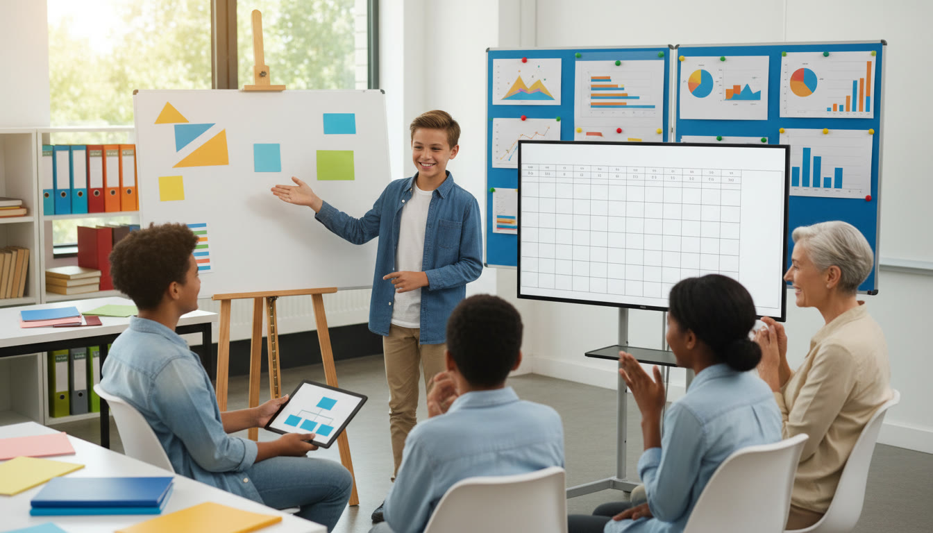 Photo Idea : A student presenting a poster to a small group, showing project boards and data charts