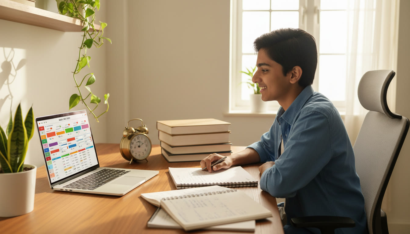 Photo Idea : Student at a desk with school books, JEE notebooks, a clock, and a laptop showing a mock test interface