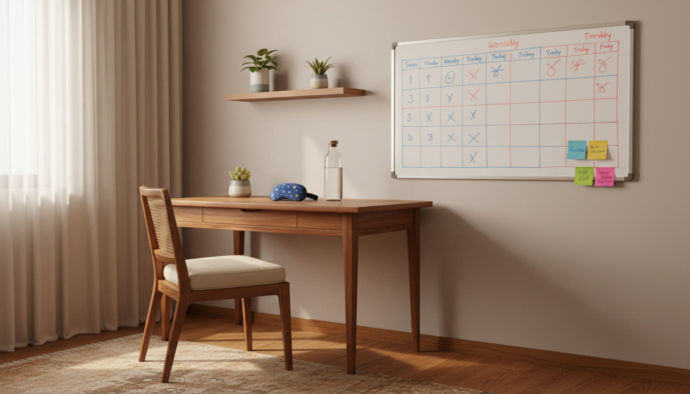 Photo Idea : A simple study desk with a sleep mask, water bottle, and a small whiteboard with a weekly plan