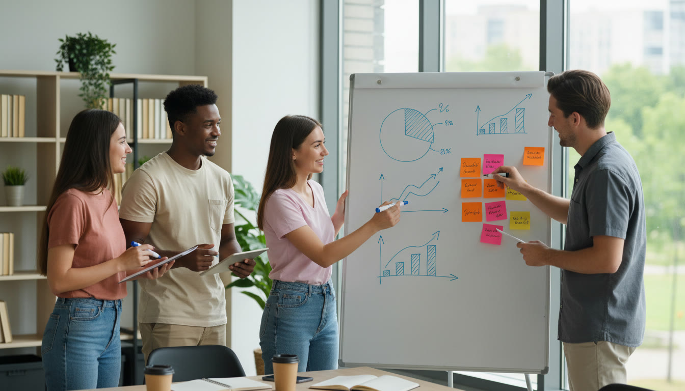 Photo Idea : A small team planning a community project on a whiteboard with charts and sticky notes