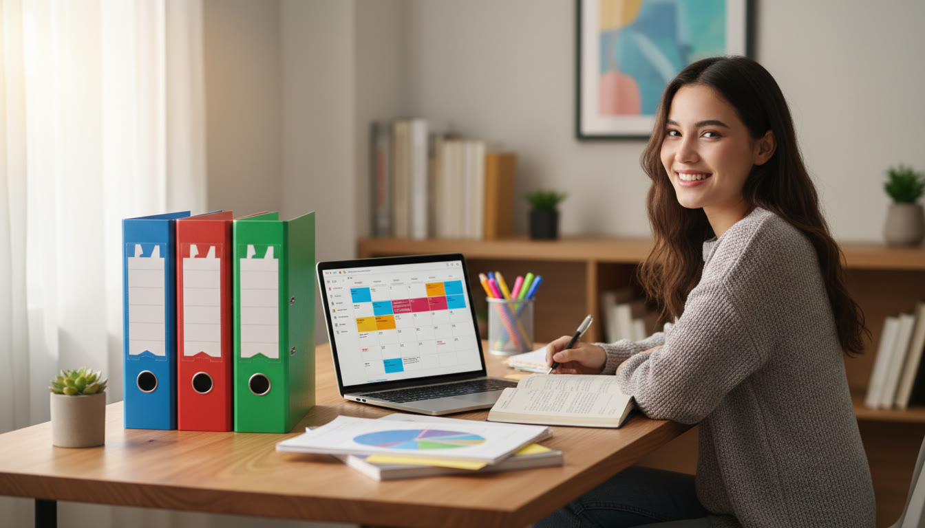 Photo Idea : a student at a tidy desk with three labelled folders reading "IA", "EE", and "TOK" and a laptop open to a calendar