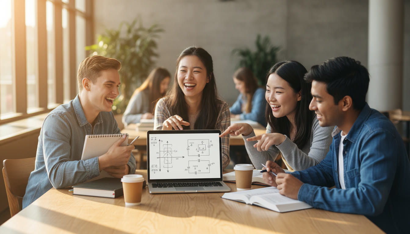 Photo Idea : A group of diverse IB students studying together with a laptop showing calculus equations and a simple circuit diagram