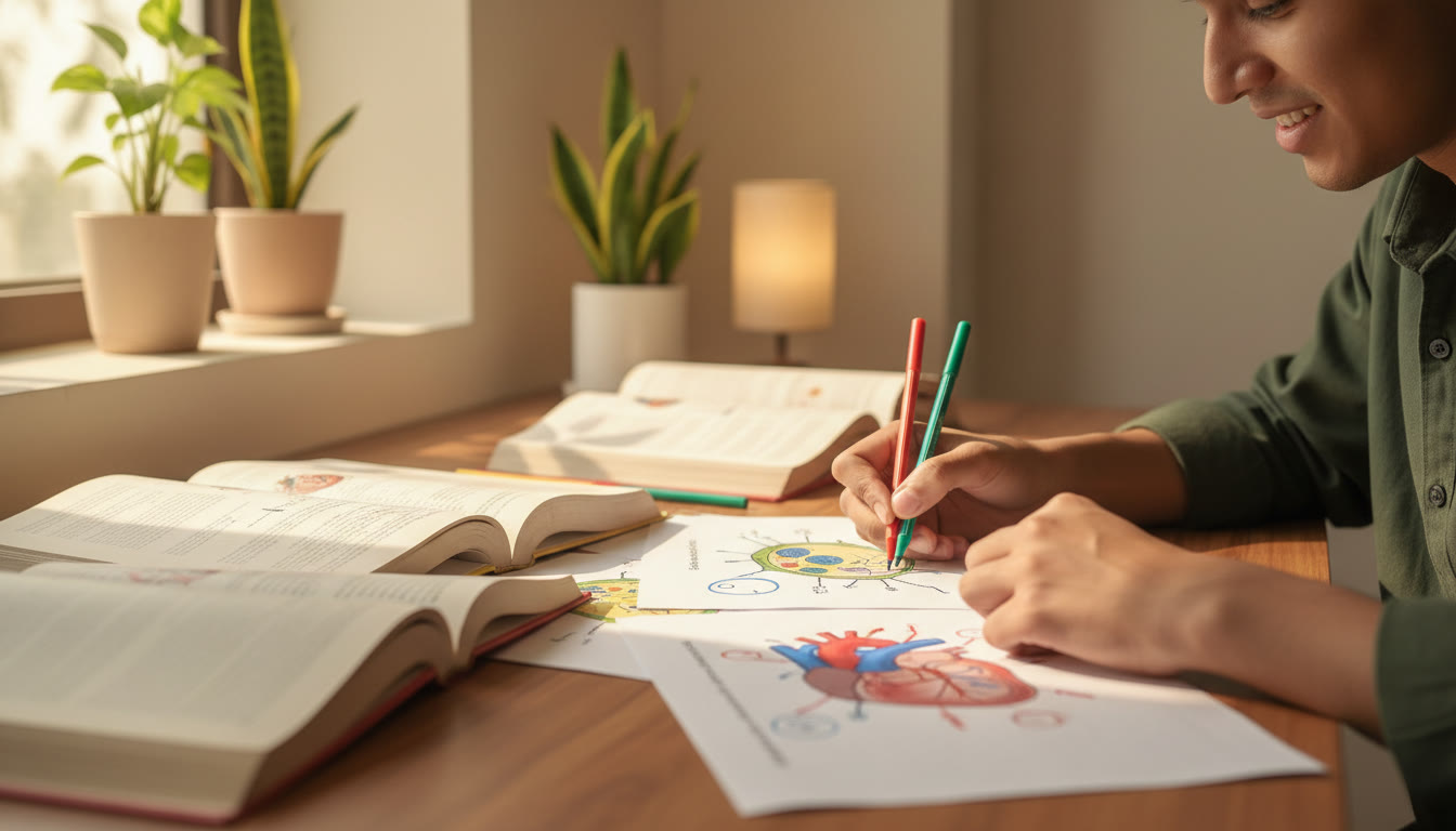 Photo Idea : Close-up of labeled biological diagrams and a student annotating them with coloured pens