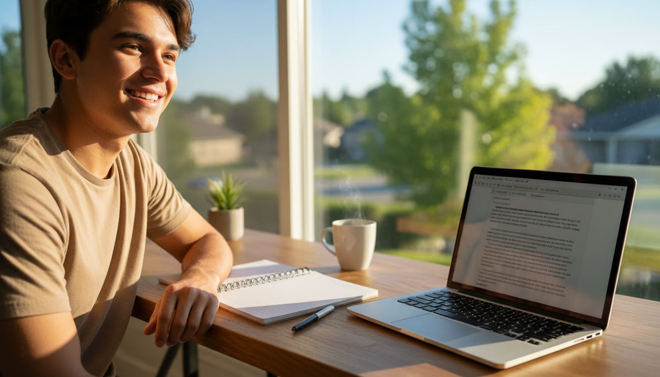 Photo Idea : student at a sunlit desk with an open notebook and laptop showing an essay draft