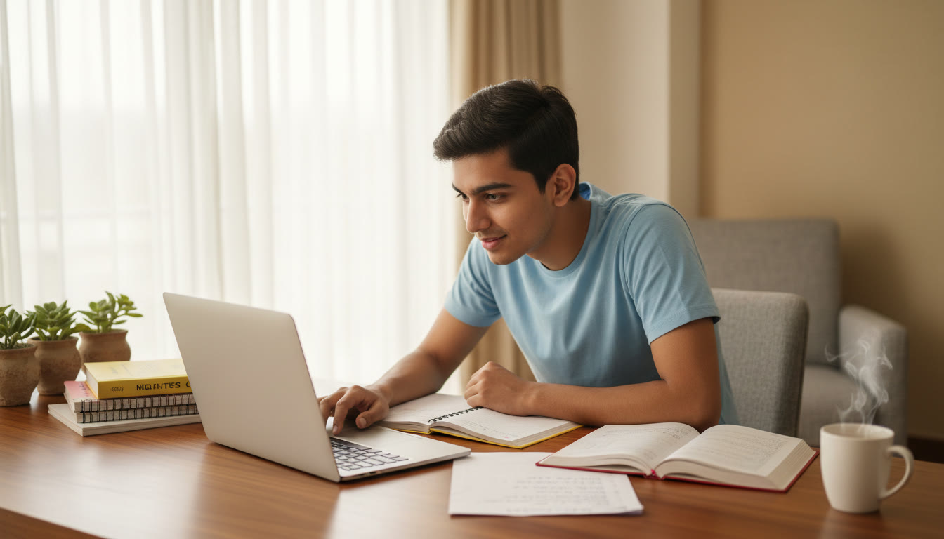 Photo Idea : A focused student at a tidy study desk with a laptop, notes, and a printed mock test beside a cup of tea