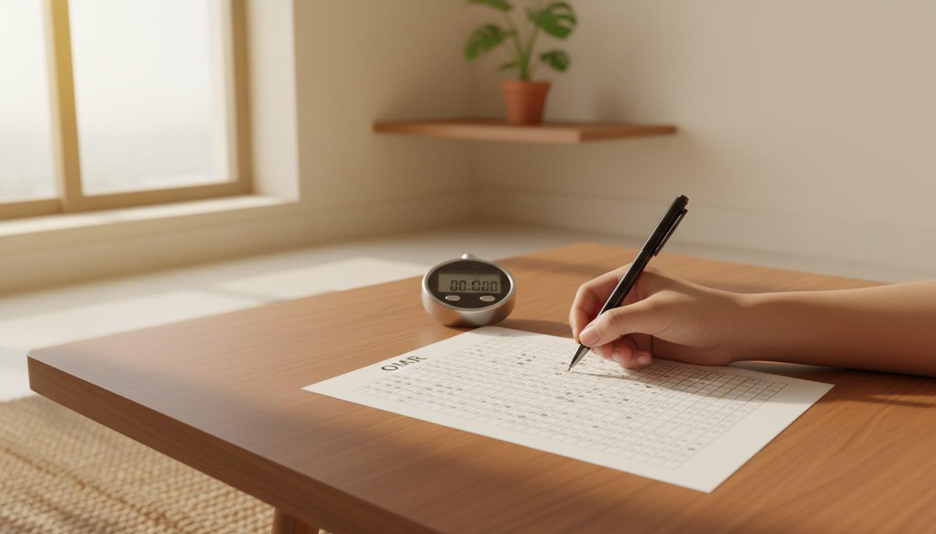 Photo Idea : [An OMR sheet, answer bubble being filled, and a stopwatch on a table]