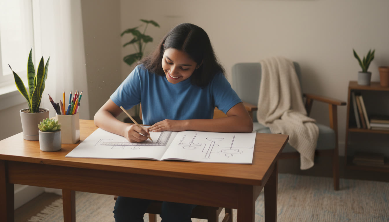 Photo Idea : Student drawing a labelled, neat diagram of an experimental setup with ruler and pencil
