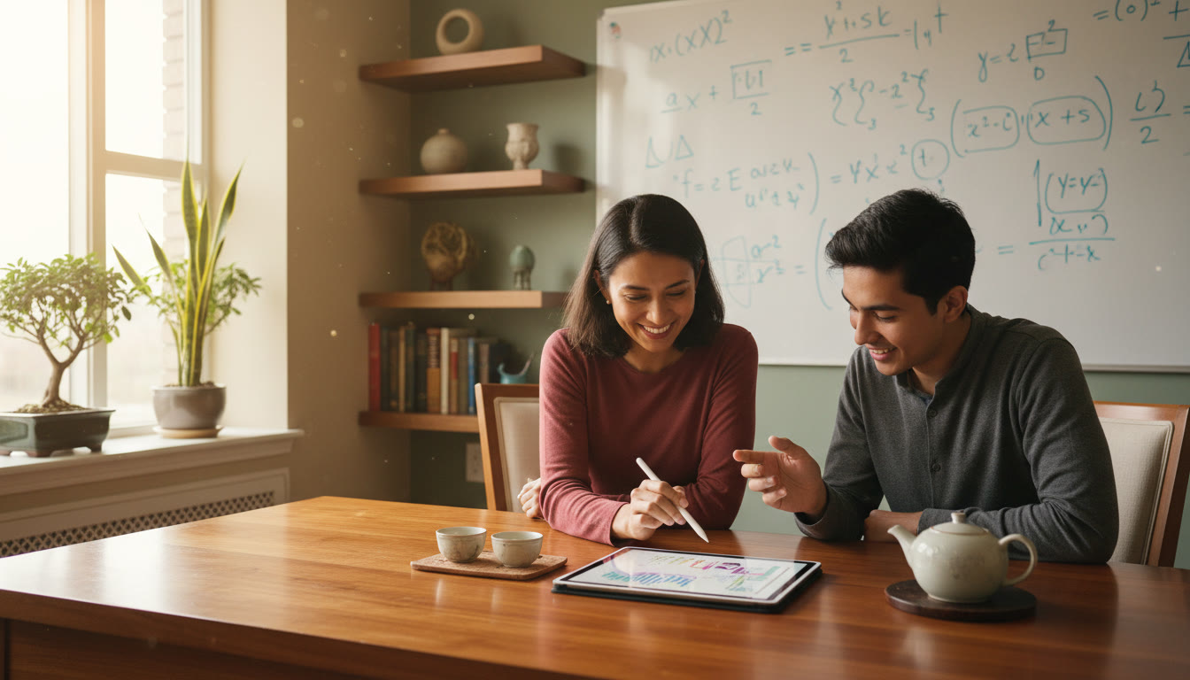 Photo Idea : A tutor and an IB student reviewing an error-analysis sheet on a tablet, with a whiteboard of formulas in the background